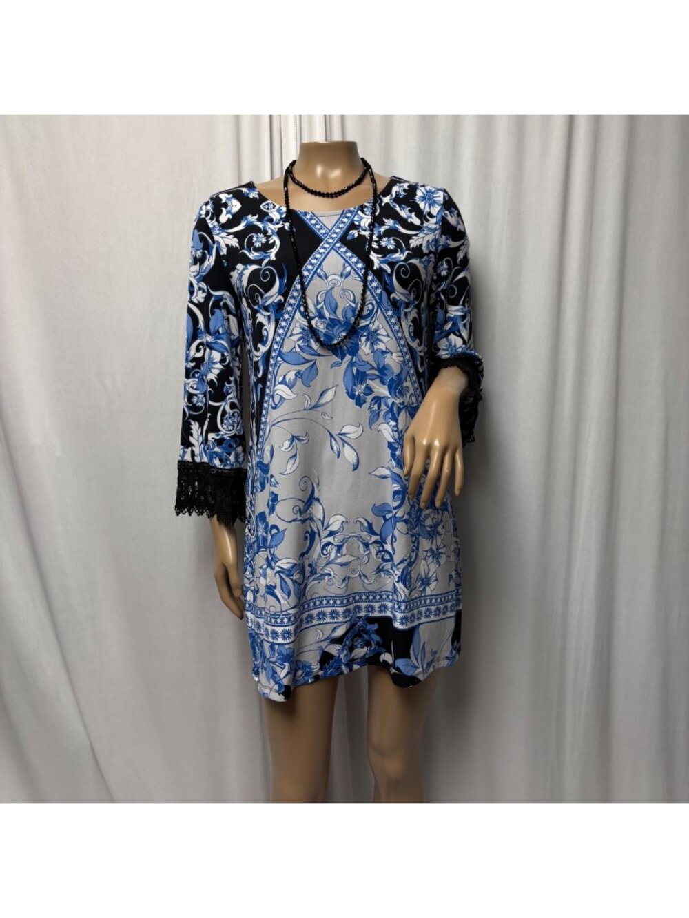 Alfani Short Shift Dress Womens Small Blue Black Floral Lace Trim Stretch Comfy